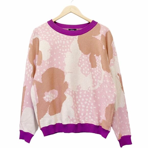 NWT FATE The Label Remi Abstract Floral Sweater Blush Tan Purple Size Medium NEW - Picture 2 of 13